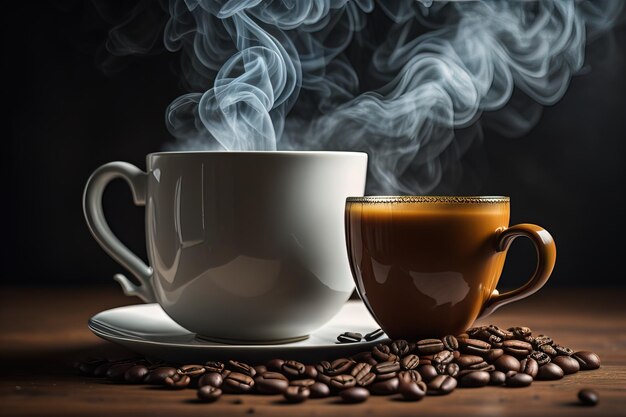 Coupe de café et grains de café sur une table en bois avec un générateur de fumée