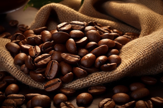 Coupe de café avec des haricots torréfiés vue de haut