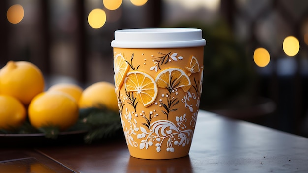 Coupe de café jaune festive avec dessin animé de Noël