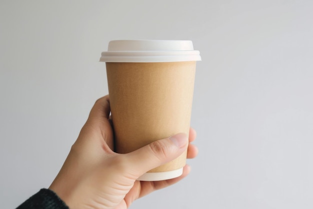 Photo coupe de café jetable sans marque avec couvercle présentée à la main