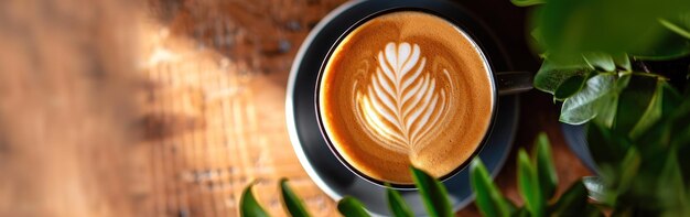 Coupe de café avec un latte sur fond de table en bois Bannière