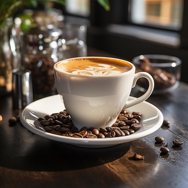 Coupe de café avec latte sur table en bois dans un café