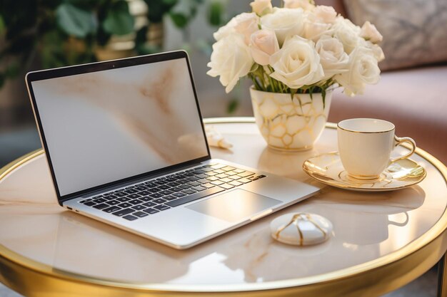 Photo coupe à café avec ordinateur portable et belle décoration de table de luxe dans l'intérieur du salon pour l'arrière-plan
