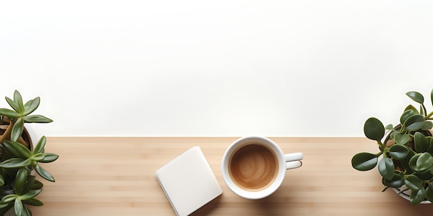 Coupe de café d'ordinateur portable et plante sur le dessus de la table blanche