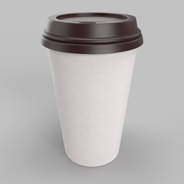 Coupe de café en papier blanc avec un couvercle brun foncé sur fond gris