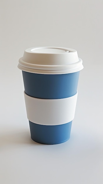 Coupe de café en papier bleu avec couvercle blanc sur fond blanc