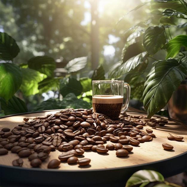 Coupe de café avec des plantes sur une surface en bois