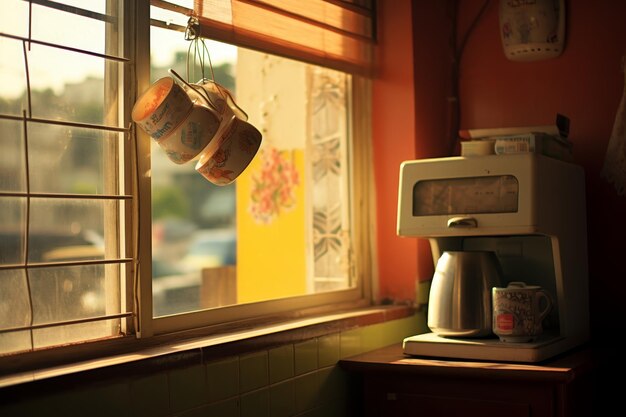 Coupe de café rituelle du matin confortable sur le fabricant avec une lumière douce dans une atmosphère chaleureuse et accueillante