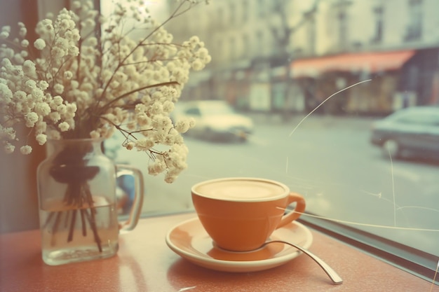 Coupe de café sur la table à l'extérieur dans des couleurs pastel Vintage style rétro scène de café sur le trottoir