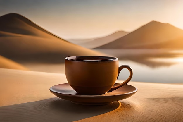 Coupe de café en terre cuite, motifs africains, commerce équitable du café dans le désert.