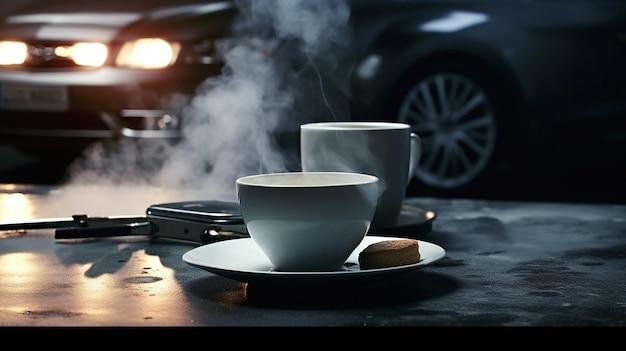 Coupe de café à la vapeur dans une tasse de porcelaine blanche ronde douce avec une poignée