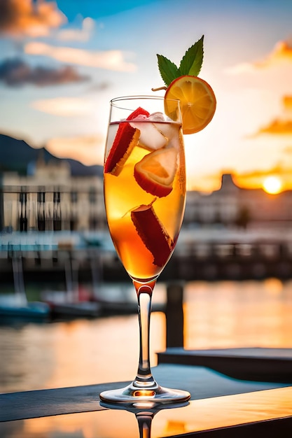 Une coupe de champagne avec un quartier de citron sur le bord et un coucher de soleil en arrière-plan.