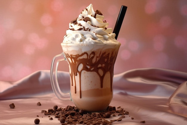 Coupe de chocolat chaud avec de la crème fouettée et des chips de chocolat sur fond coloré