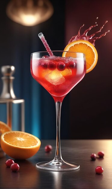 Coupe de cocktail rouge tranches d'orange et baies