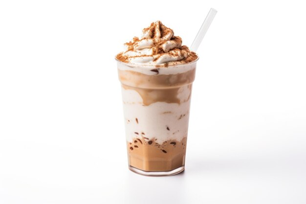 Coupe de frappe isolée avec de la crème et de la poudre de cannelle sur fond blanc