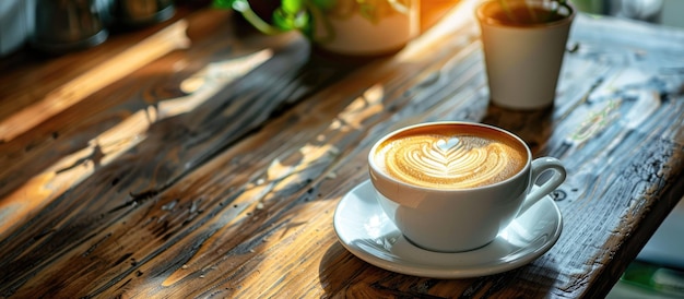Coupe de latte ou de cappuccino avec de l'art latte sur une table en bois dans un décor vintage