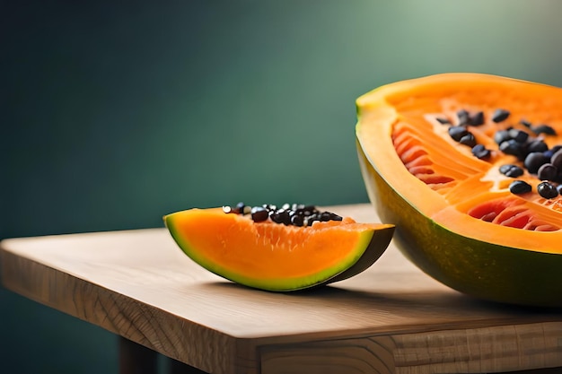 une coupe de melon sur une table en bois