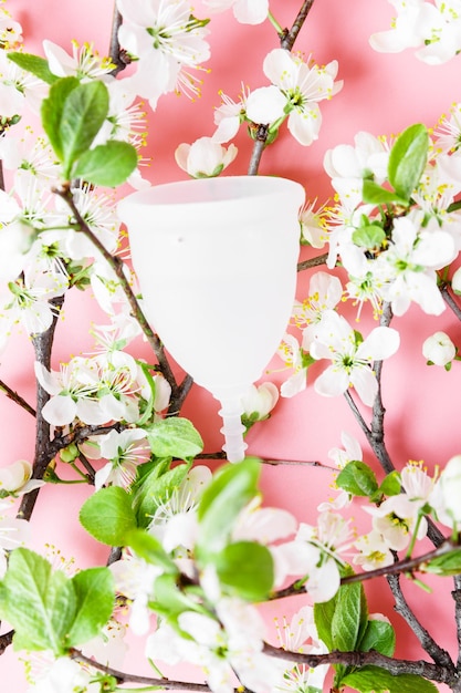 Coupe menstruelle écologique blanche réutilisable sur fond rose branches de cerisier de printemps avec des fleurs blanches Concept d'écologie et de recyclage zéro déchet Hygiène des femmes menstruation jours critiques