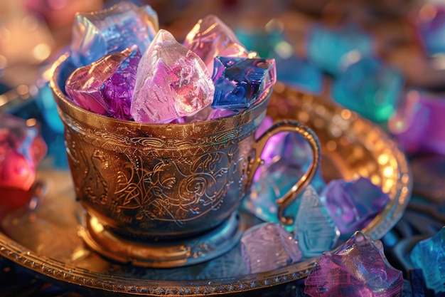 Coupe en métal vintage avec des bonbons de roche de cristal iraniens