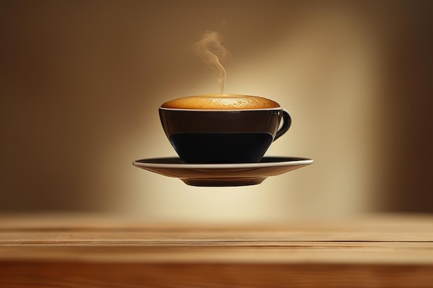 Coupe noire de café espresso chaud volant isolée sur fond brun flou photo sur fond blanc isolé ba