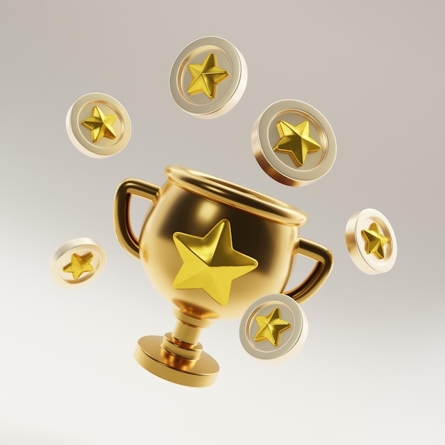 Coupe d'or du trophée 3D et pièces des étoiles gagnantes Coupe du champion avec des pièces d'argent qui tombent