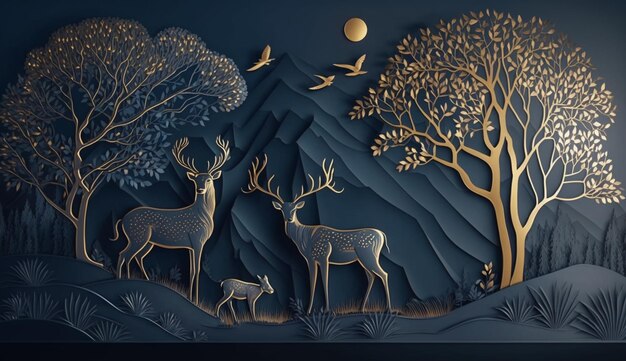 Une coupe de papier 3d de cerfs et une lune