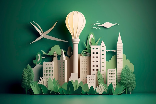 Coupe en papier d'une ampoule avec une ville écologique verte Énergie renouvelable d'ici 2050 Énergie neutre en carbone ou émissions de gaz à effet de serre CO2 Économisez de l'énergie Concept d'idée créative Génératif Ai