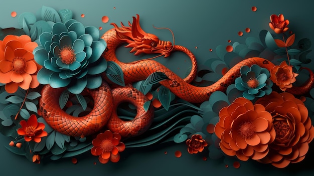 Une coupe de papier artistique du signe du zodiaque du serpent avec un motif de lanterne à fleurs et des éléments d'or rouge nuageux est présentée sur un fond coloré