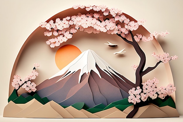 Une coupe de papier d'une montagne avec des fleurs de cerisier au premier plan.