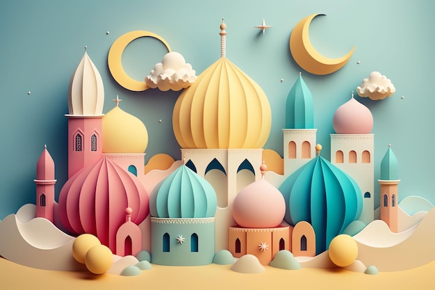 Une coupe de papier d'une mosquée avec une lune et des étoiles sur le dessus.