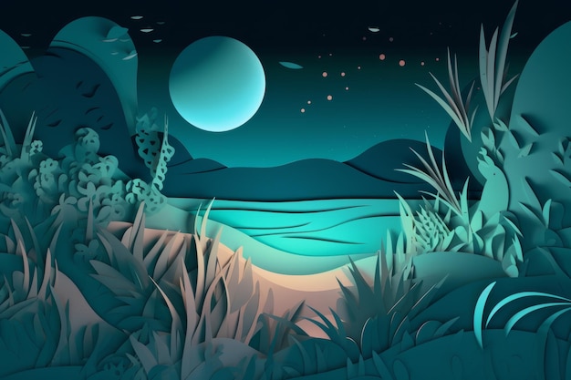 Une coupe de papier d'un paysage tropical avec une pleine lune en arrière-plan.