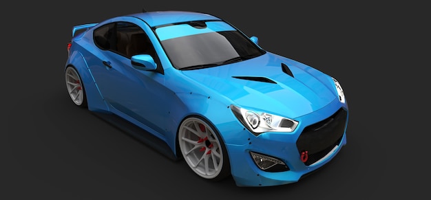 Coupé de petite voiture de sport bleu sur fond gris. rendu 3D.