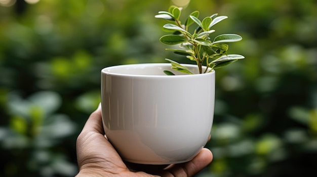 Coupe de thé à la main avec du verre blanc sur un fond bokeh vert