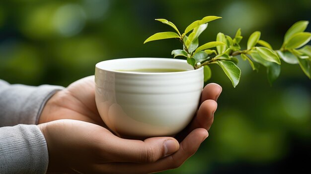 Coupe de thé à la main avec du verre blanc sur un fond bokeh vert