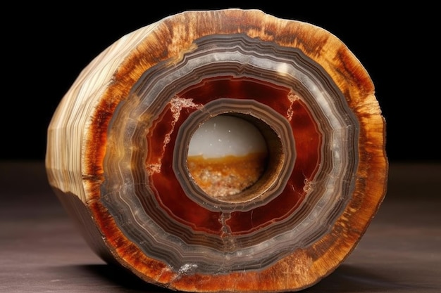 Coupe transversale de bois pétrifié avec des anneaux de croissance créés avec des ai génératifs