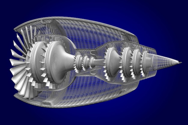 Photo coupe transversale du moteur à réaction isolé sur fond bleu