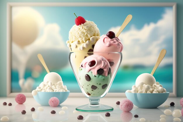 Coupe en verre avec des scoops de crème glacée multicolores avec des chips de chocolat et des assiettes de crème glace