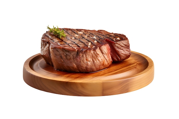 Photo coupe de viande de steak de boeuf sur une planche de bois isolée sur blanc ai génère