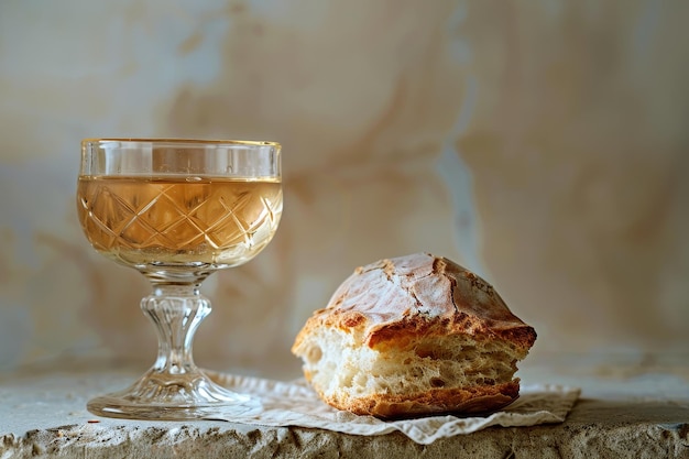 La coupe de vin et le pain sans levain pendant la communion