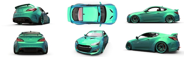 Coupé de voiture de sport vert. Réglage de course avancé avec des pièces spéciales et des extensions de roues. rendu 3D