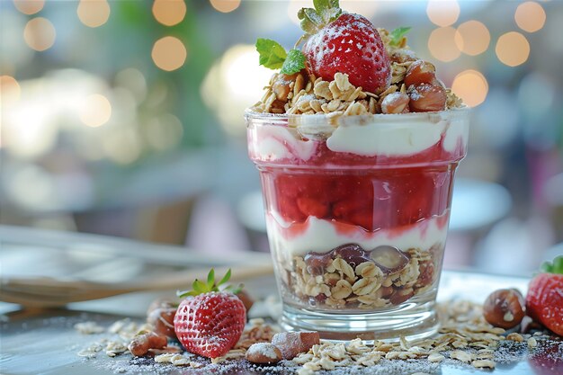 Photo coupe de yogourt avec des fraises, de l'avoine et des noix