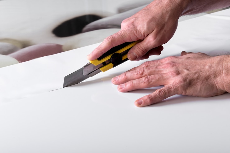 Photo couper du papier blanc avec un couteau