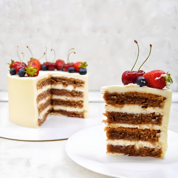 Photo couper le gâteau avec des baies et un morceau de gâteau sur la table