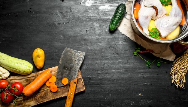 Couper les légumes avec une hache à la soupe au poulet.