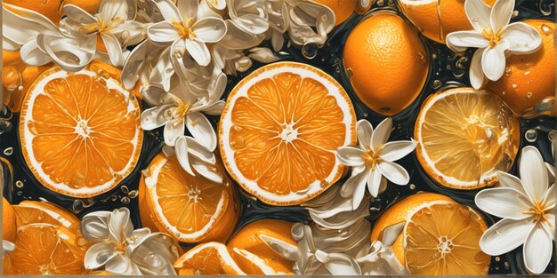 Couper des morceaux d'agrumes tranches d'oranges de clément or blanc agrumes fleurs agrumes feuilles éclaboussées