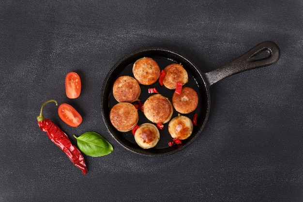 Couper les saucisses rôties au poivron rouge dans une casserole