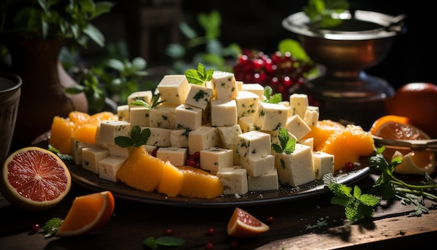 Photo coupes cubiques de tofu et de papaye sur assiette ia générative