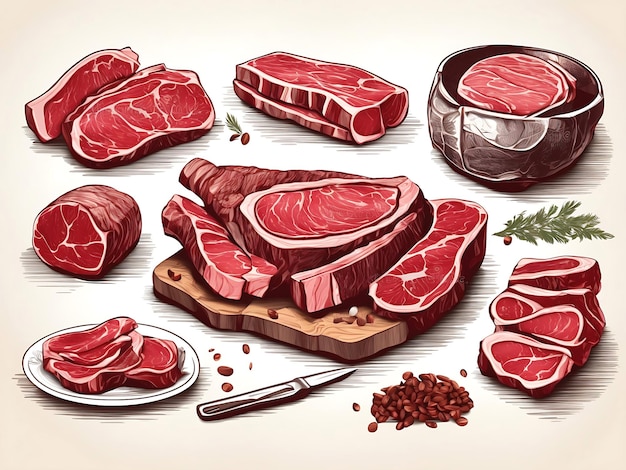 Photo coupes de viande crue ensemble steak côtes jambon illustration vectorielle