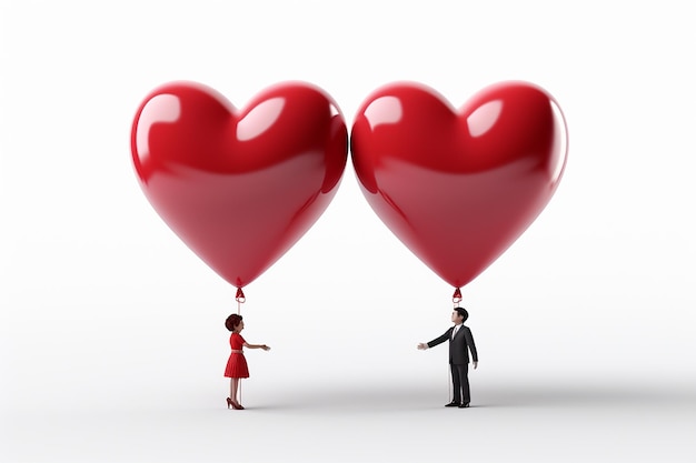 couple en 3D avec un ballon de cœur sur un fond isolé