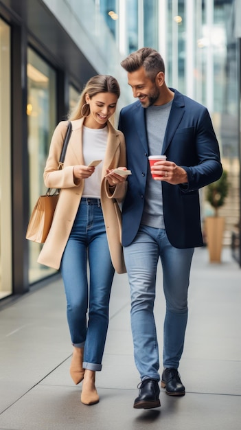 Un couple d'acheteurs faisant leurs courses à l'aide d'un téléphone portable tenant des sacs d'achat colorés debout